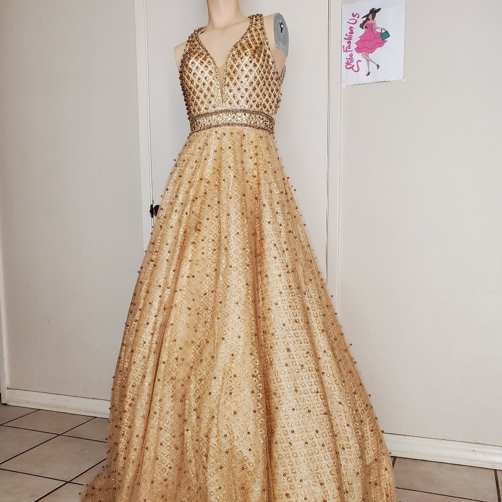 Colors gold beads long pageant prom dress